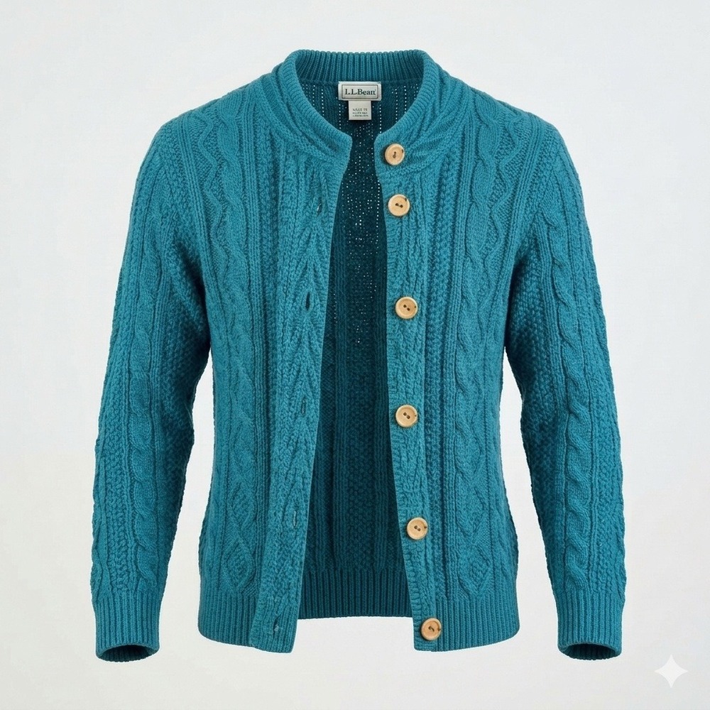 Vintage LL Bean Women Teal Blue Cotton Cable Knit Cardigan Sweater Made USA M
